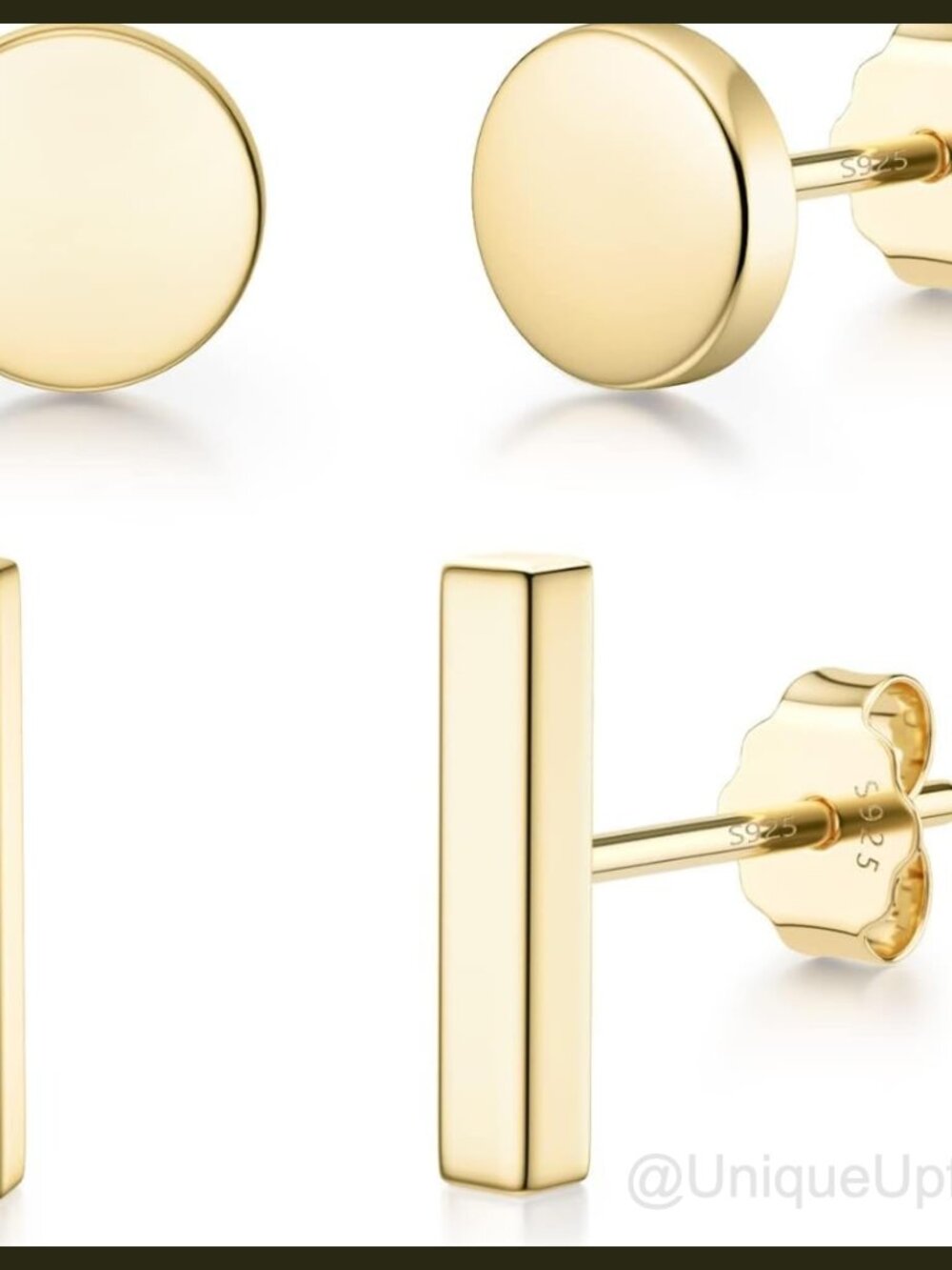 925 Sterling Silver 14K Gold Plated Stud Earrings Set Hypoallergenic Tiny Bar